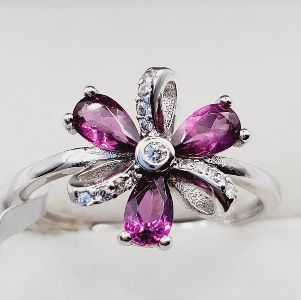 Natural Purple Garnet & Diamond Flower 925 Sterling Silver Ring